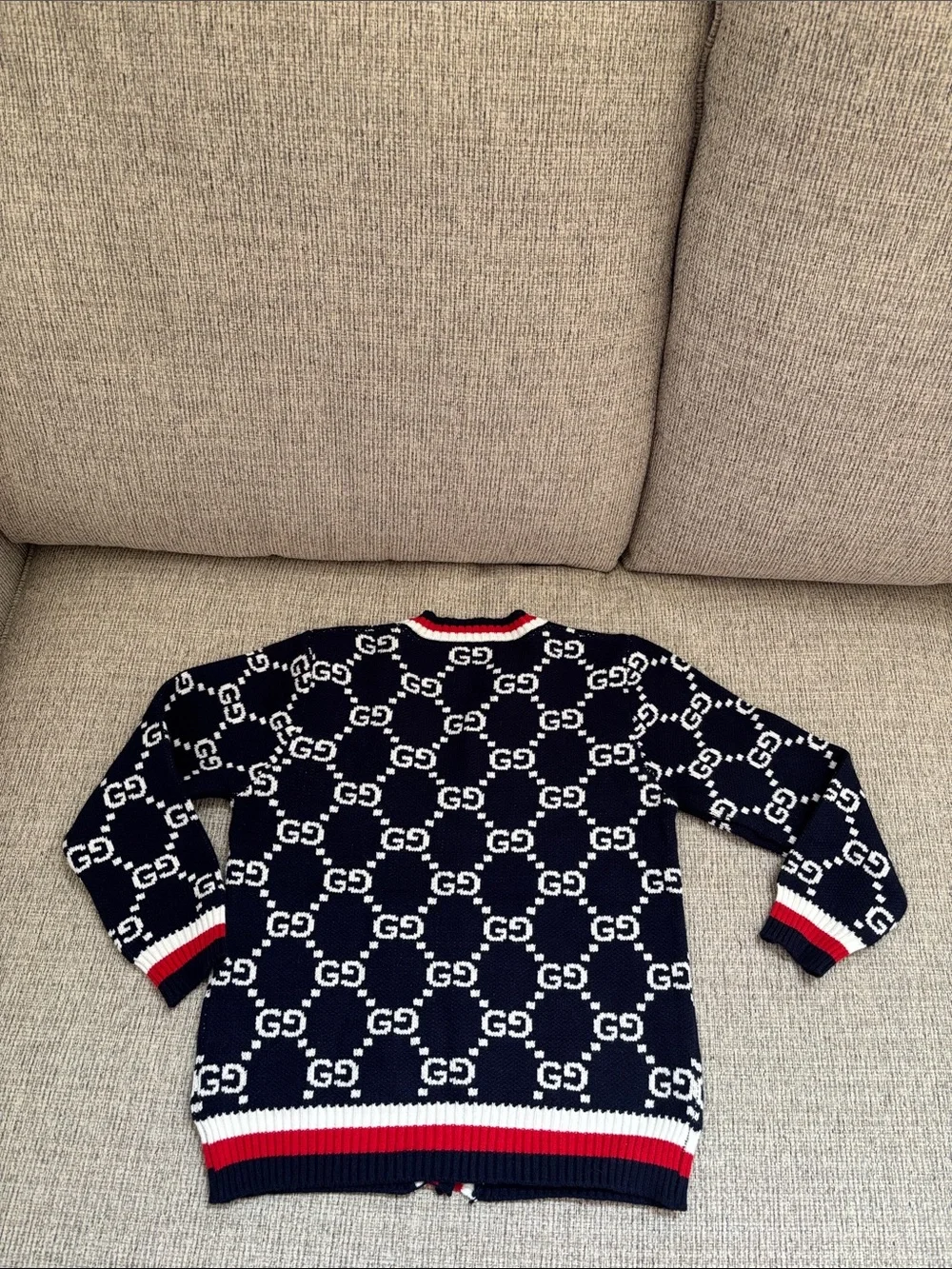 Kids Navy & White GG Logo Knit Cardigan w Red Trim no size tag look pics cute - Picture 9 of 10